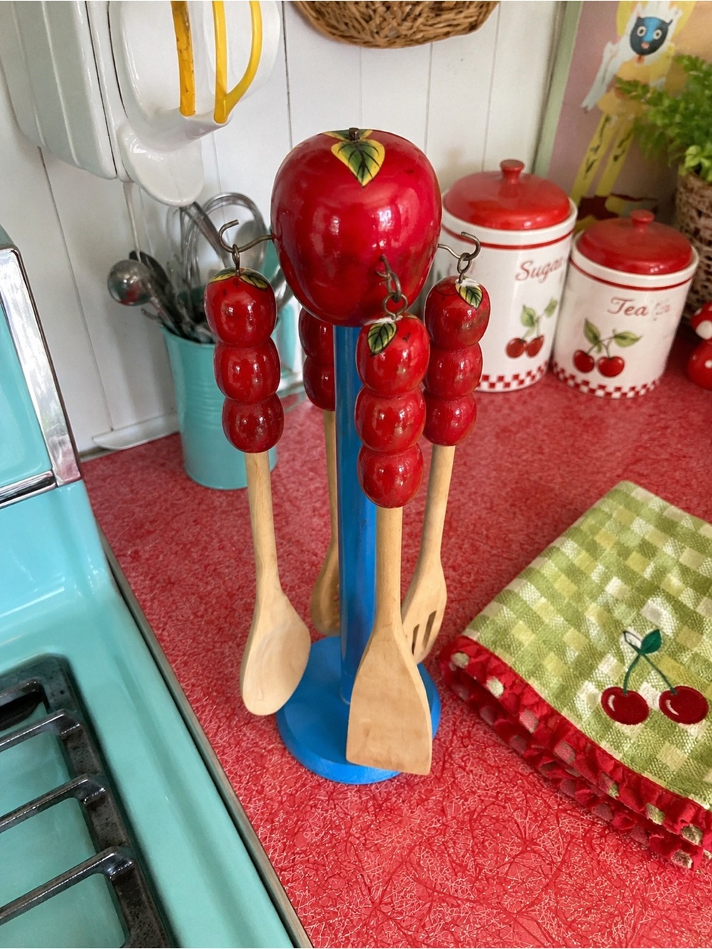 Vintage Wood Apple Kitchen Utensil Set Holder Retro Kitsch Mid Century Decor